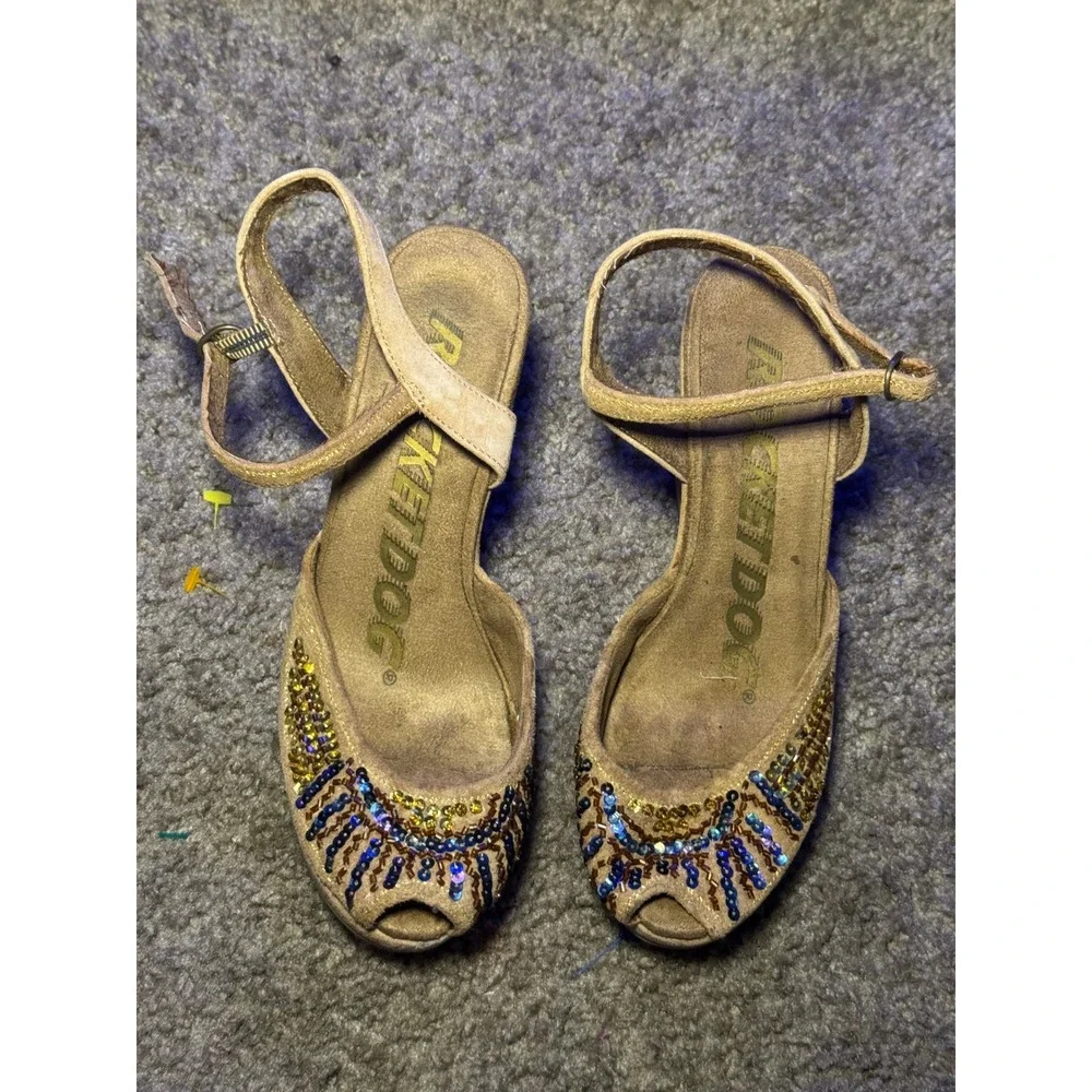 Rocket‎ Dog Glitzy Tan Beaded Sequin Wedge Sandals Peep Toe Ankle Strap Womens 6